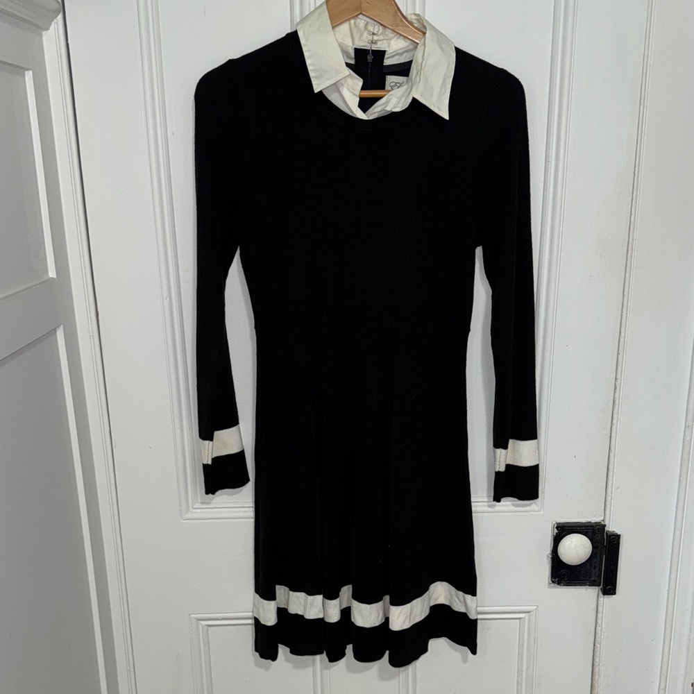 Eliza J Black & White Sweater Dress Fit & Flare Collared Contrast Trim